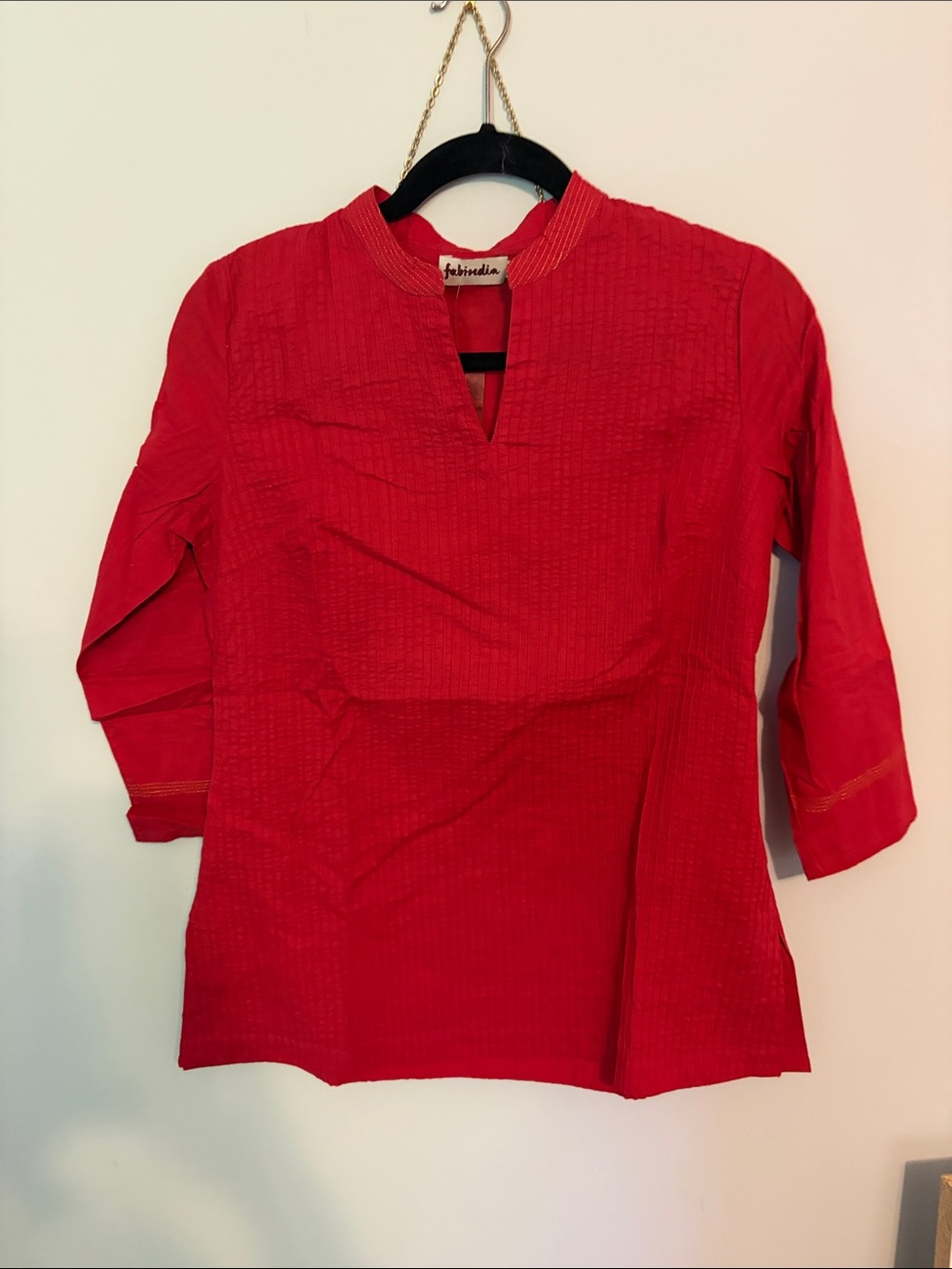 fabindia Red Cotton Tunic with Notch Neck
